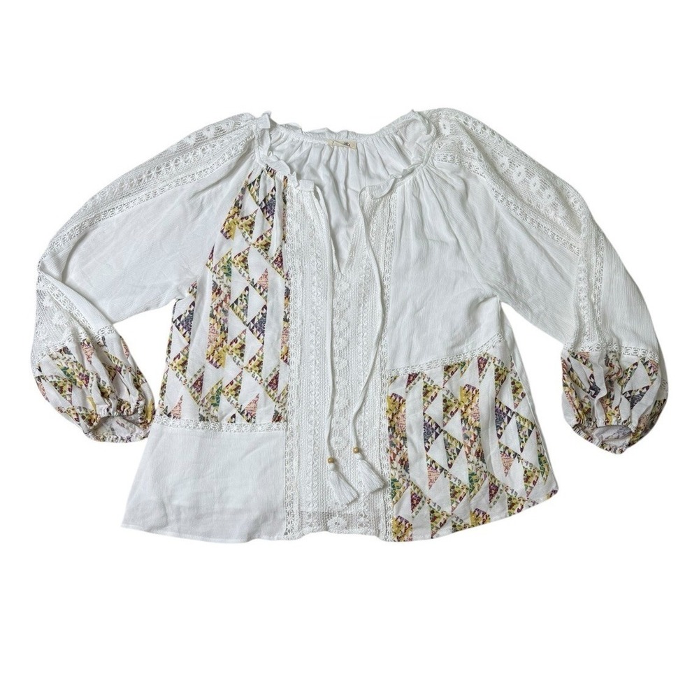Miss Me Boho Patchwork Peasant Blouse Large White Lace Rayon Tassel Top MT2678L